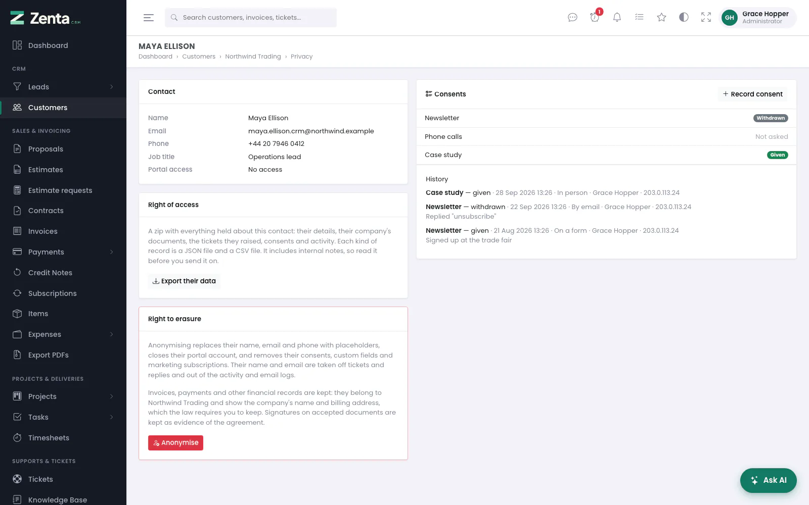 One contact's Privacy page: their details, export, erasure and consents.