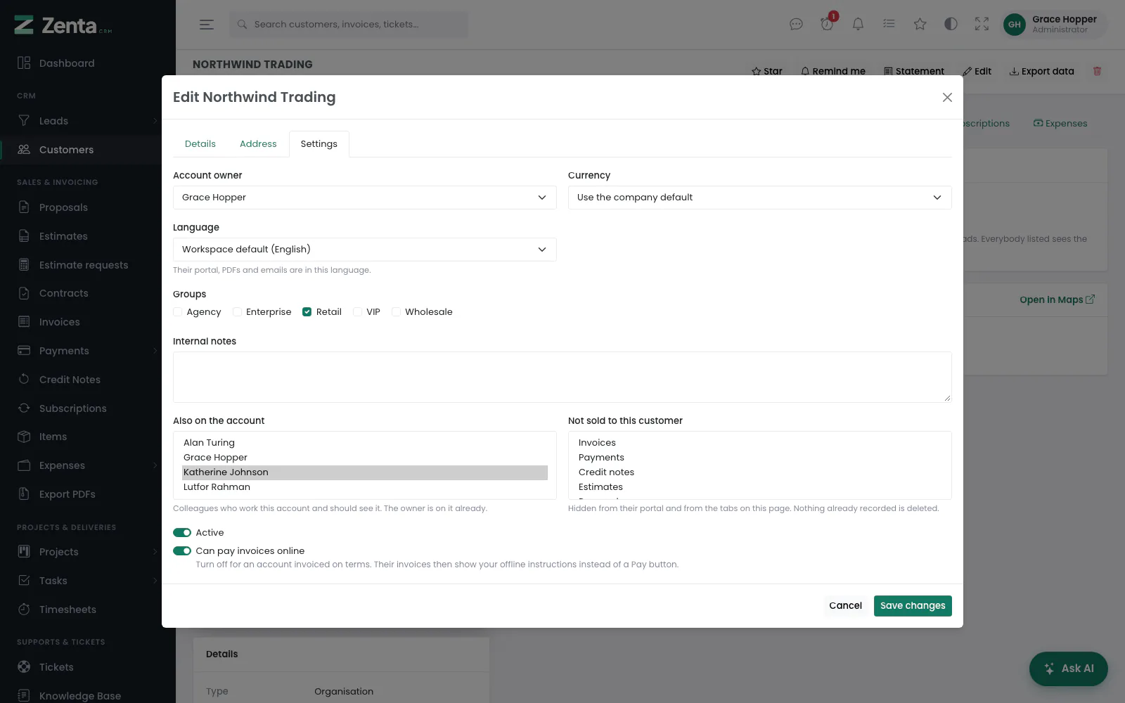 The Settings tab: who looks after the account, its language and currency, and what it is sold.