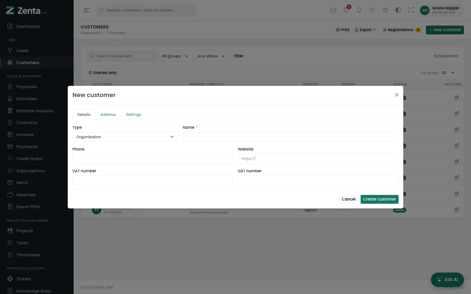 A new customer: the Details tab.
