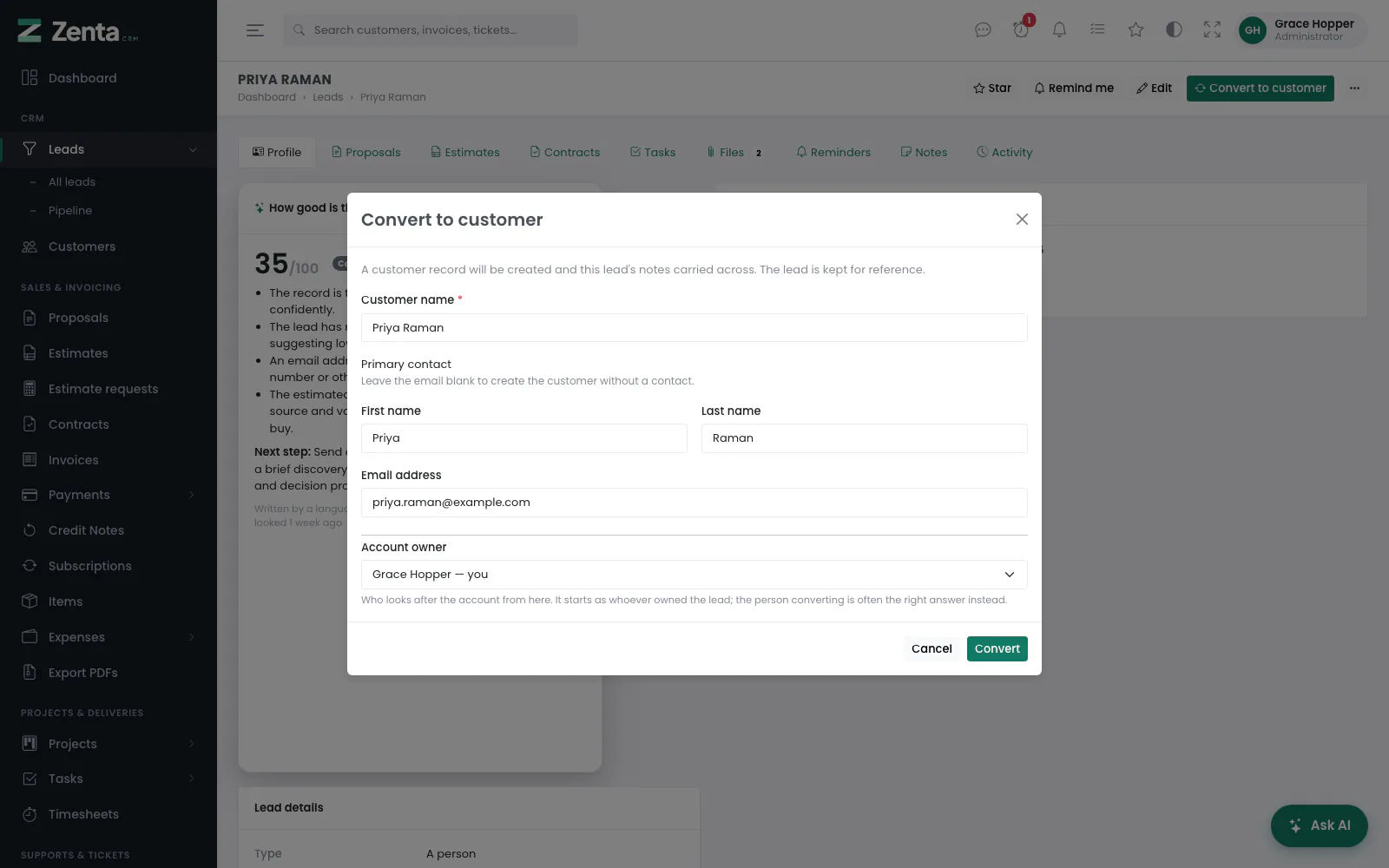 Converting a lead: the customer name, the primary contact and the account owner.