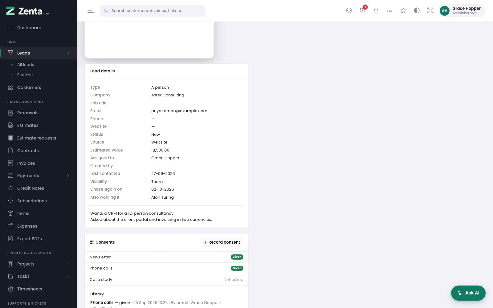 Lead details: every field, the follow-up date, who else works it, and the description.