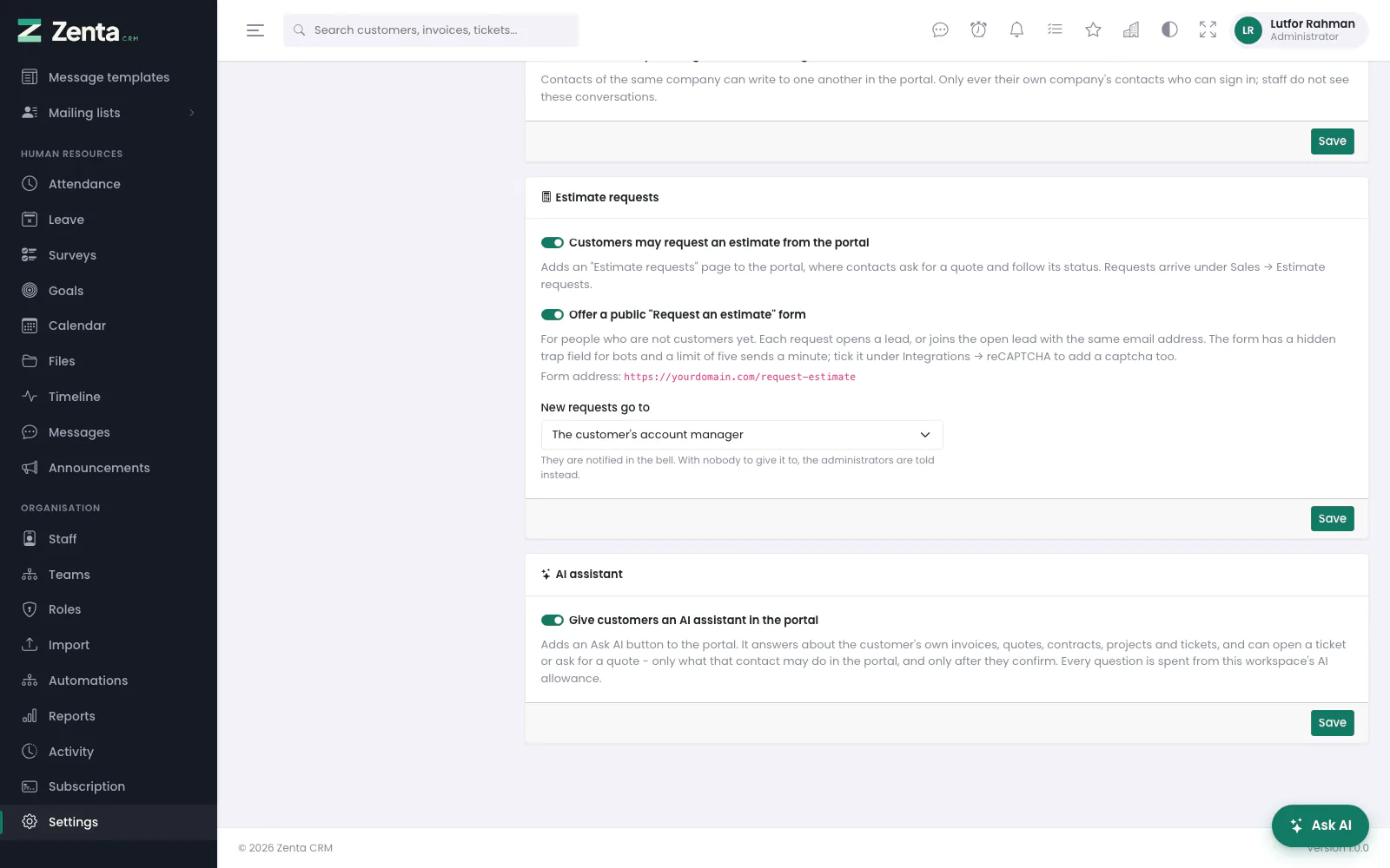 The AI assistant card: an Ask AI button in the portal, off until you switch it on.