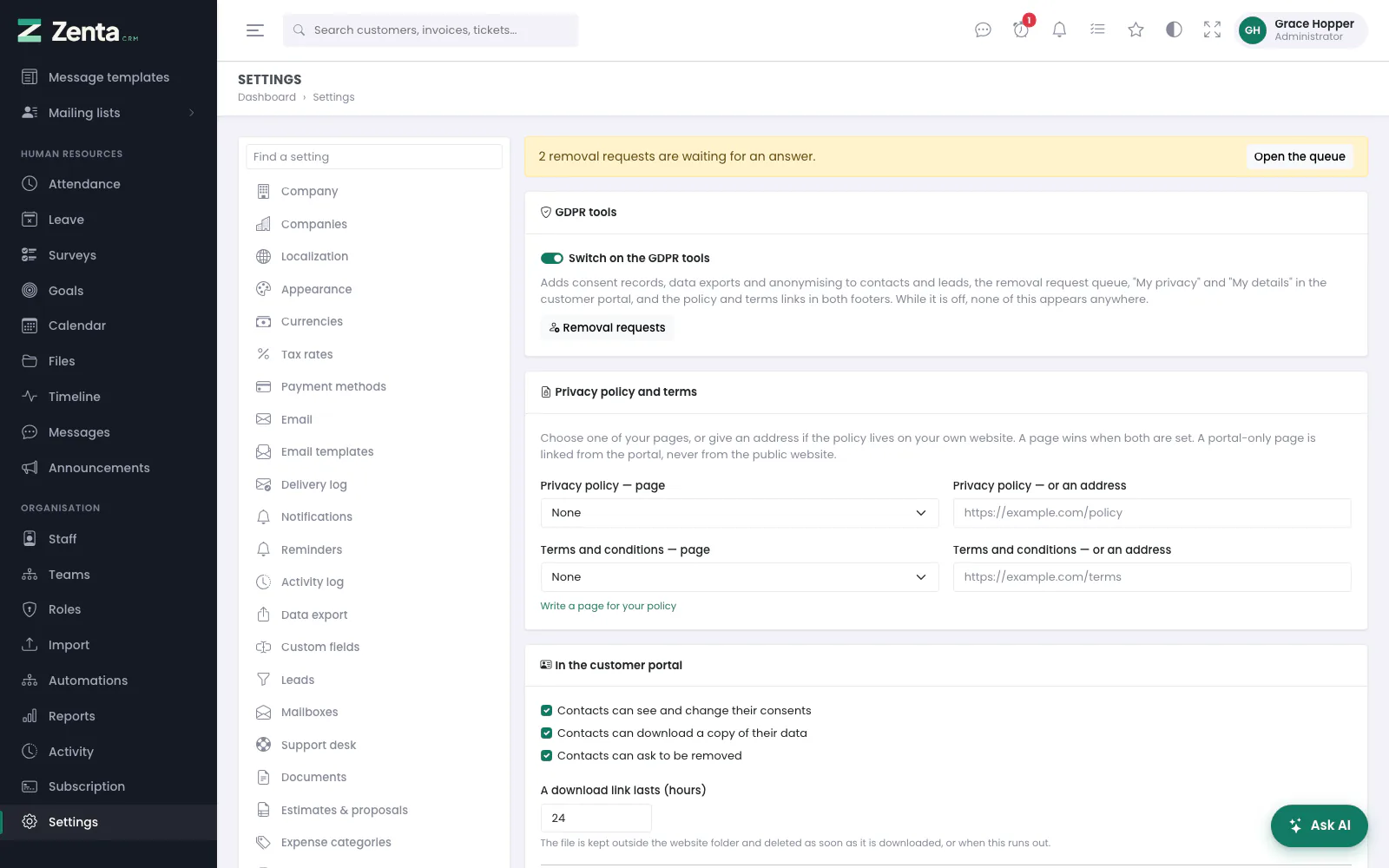 Settings → Privacy / GDPR: the switch, the policy and terms, and what a contact may do in the portal.