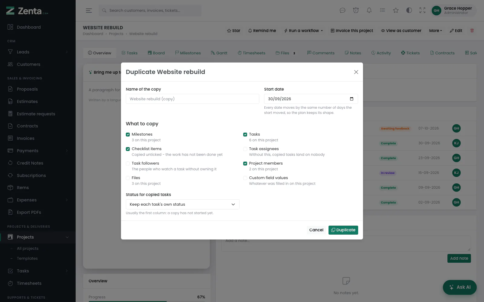 Duplicate: the copy's name and start date, what to copy, and the status the copied tasks start in.