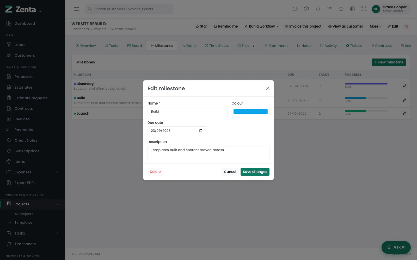 Editing a milestone. Delete removes the milestone and leaves its tasks on the project.