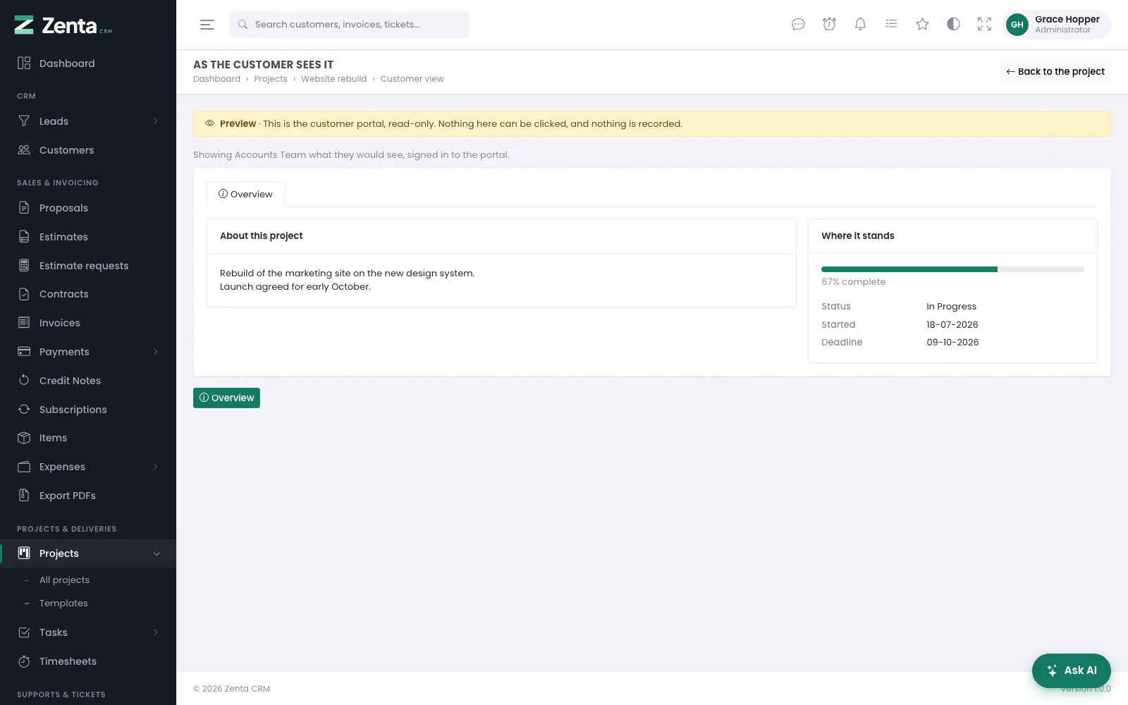 View as customer: the portal's own project page for one contact, read-only, under a preview banner.