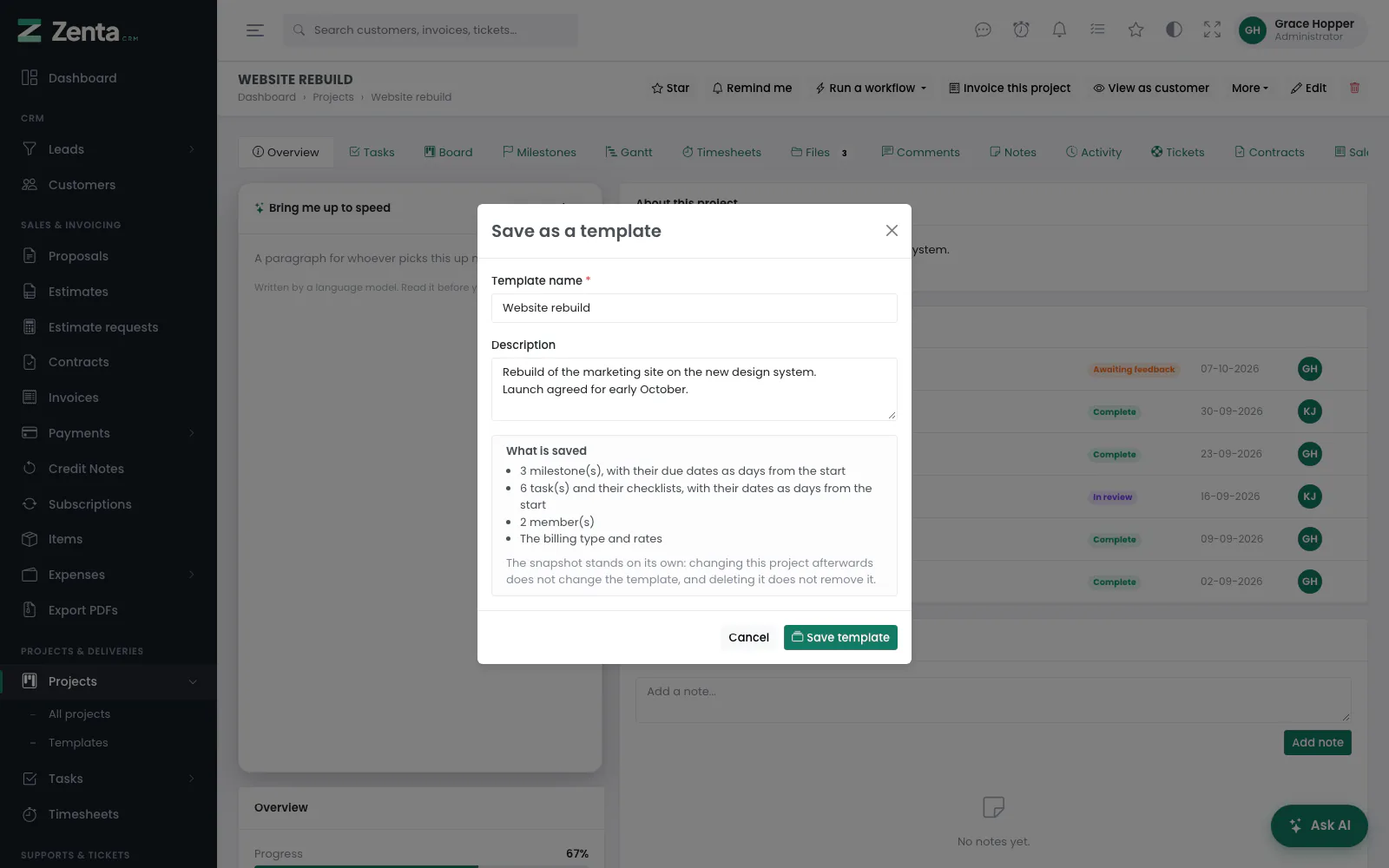 Save as a template: a name, a description, and a summary of what is kept.