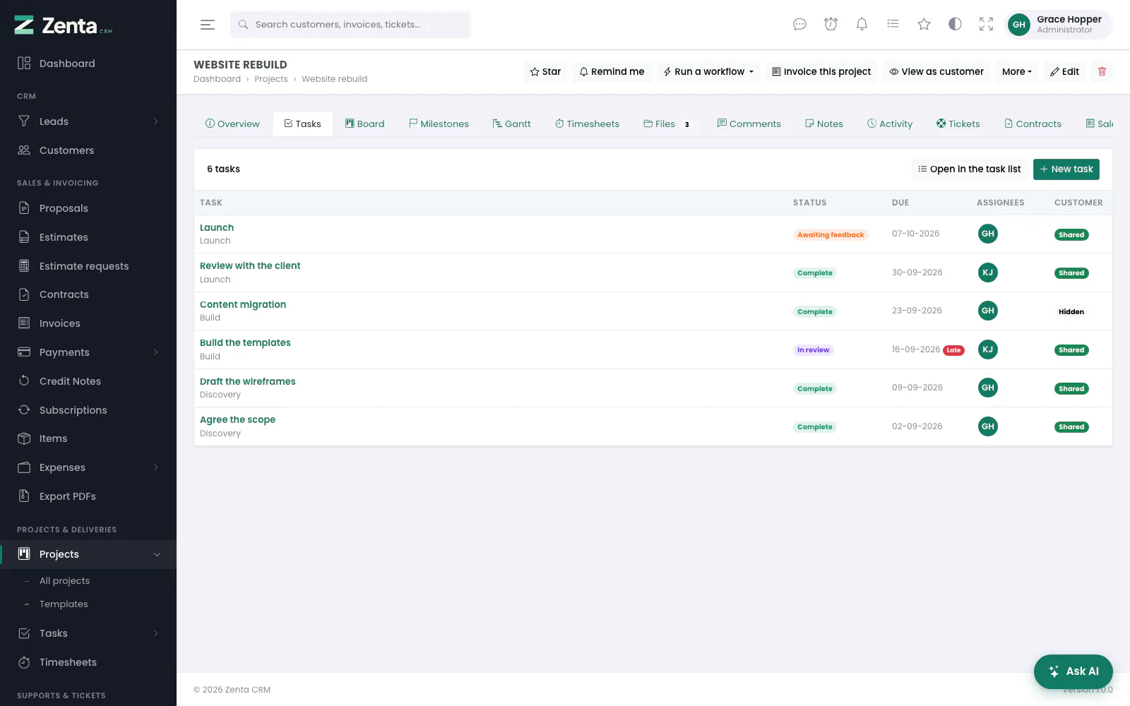 The Tasks tab: each task with its milestone underneath, and whether the customer can see it.