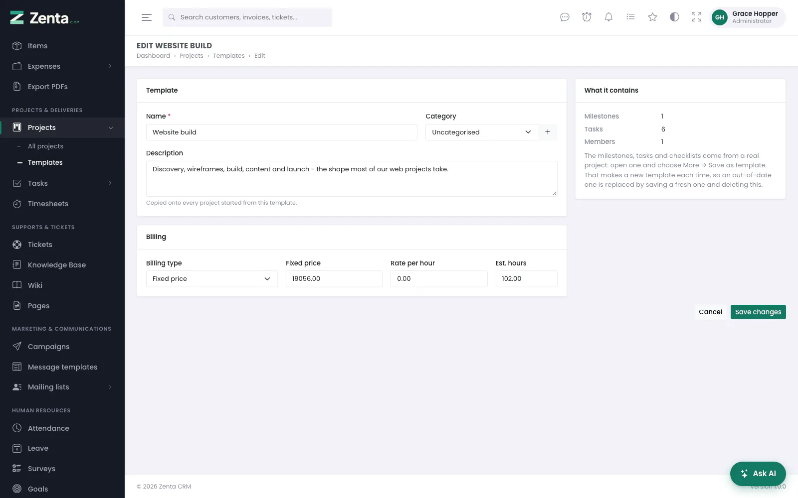 Editing a template: its name, category, description and billing. What it contains is shown on the right.