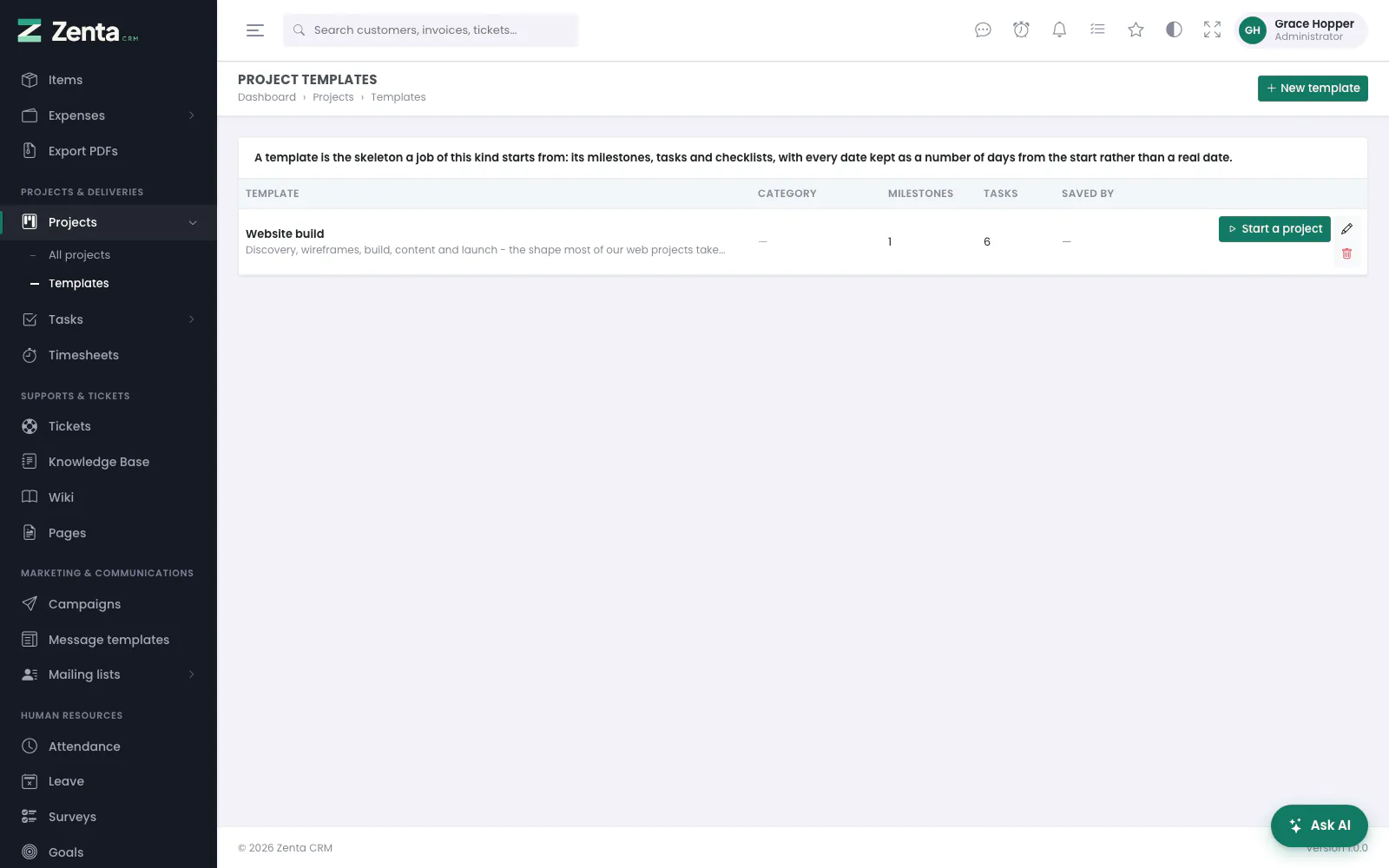 Project templates: each with its category, how many milestones and tasks it holds, and who saved it.