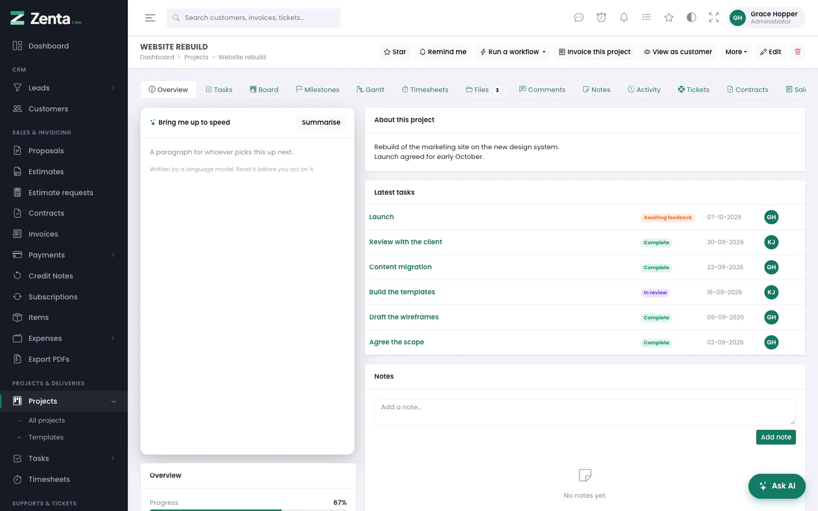 A project's overview: the AI summary, the description, the latest tasks and the notes.