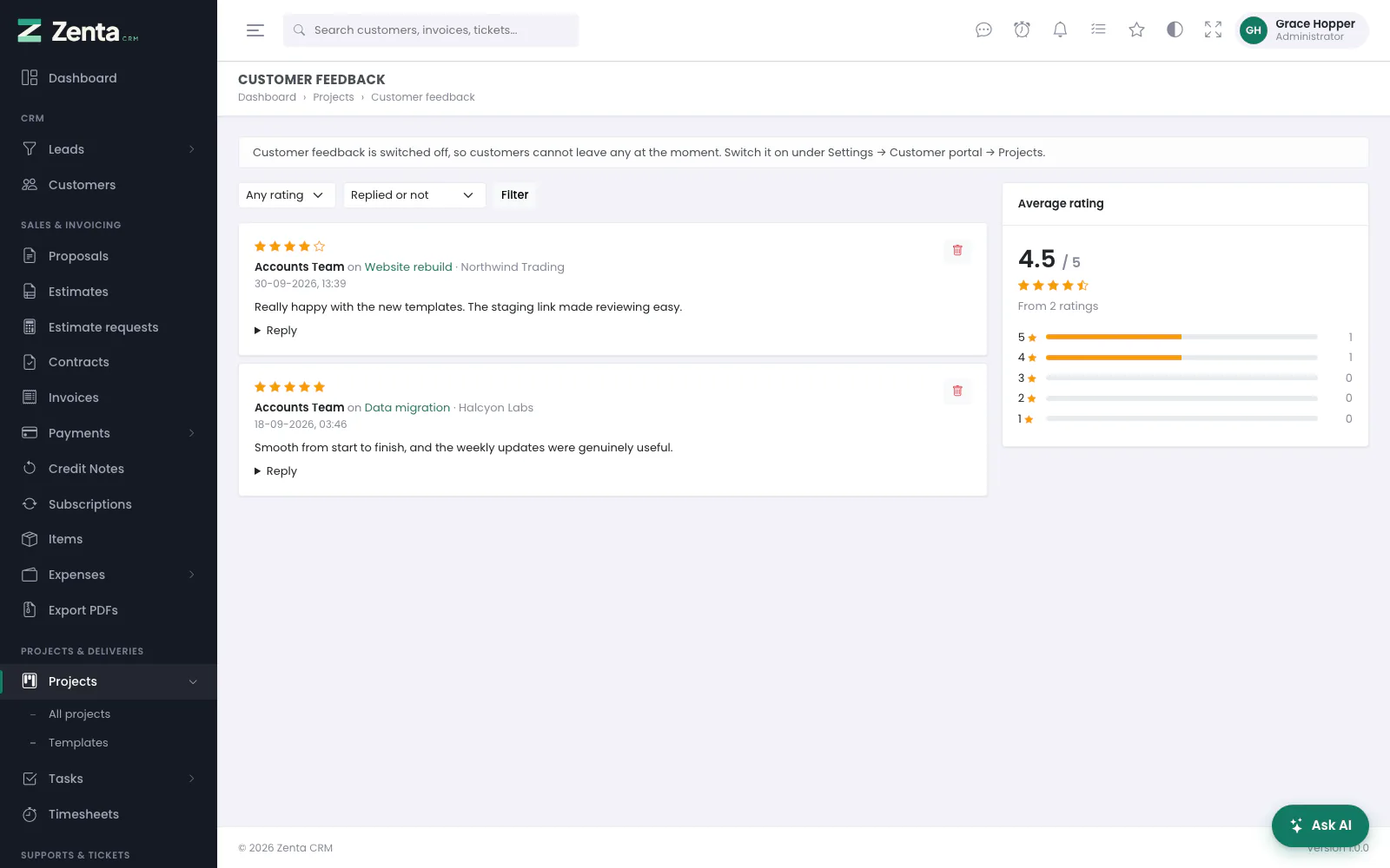 Customer feedback: every project's ratings in one list, with the average and how many of each star.