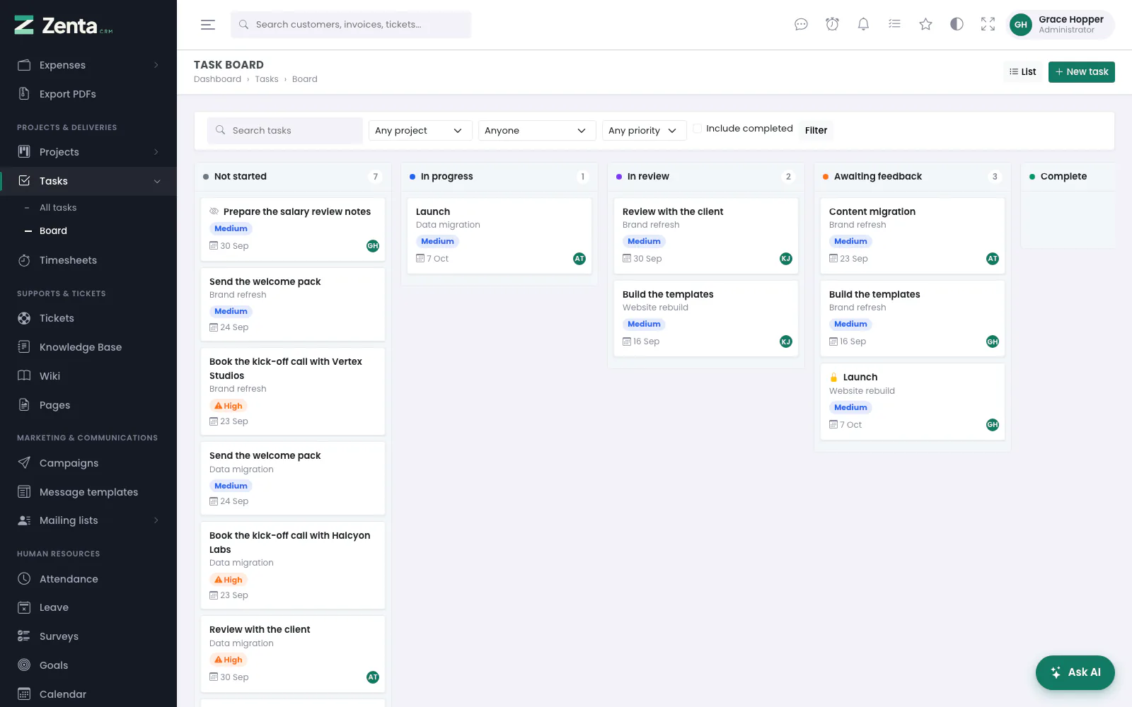 The task board: one column per status. Drag a card to change its status.