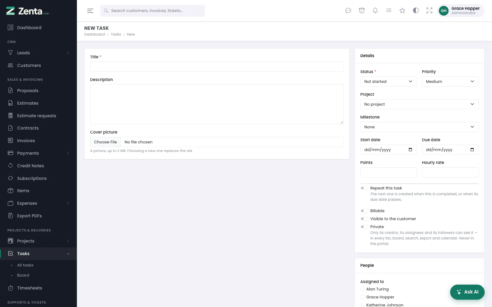 A new task: title, description and cover picture on the left; details and people on the right.