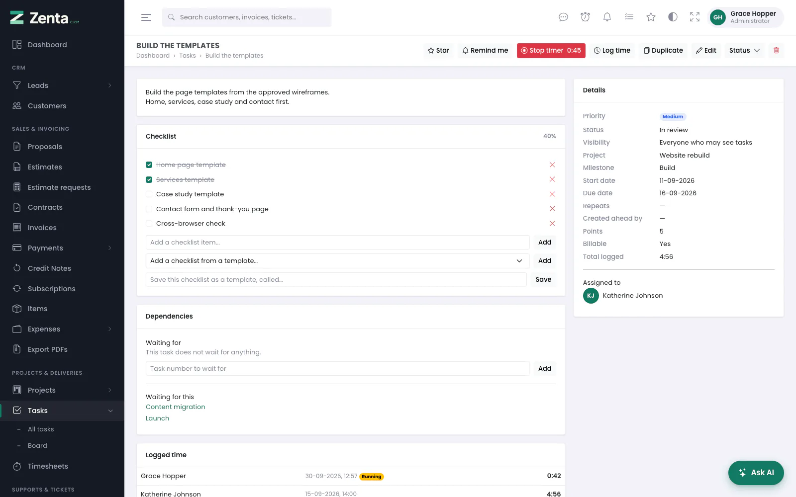 One task: its description, checklist and dependencies, the time logged against it and its details.