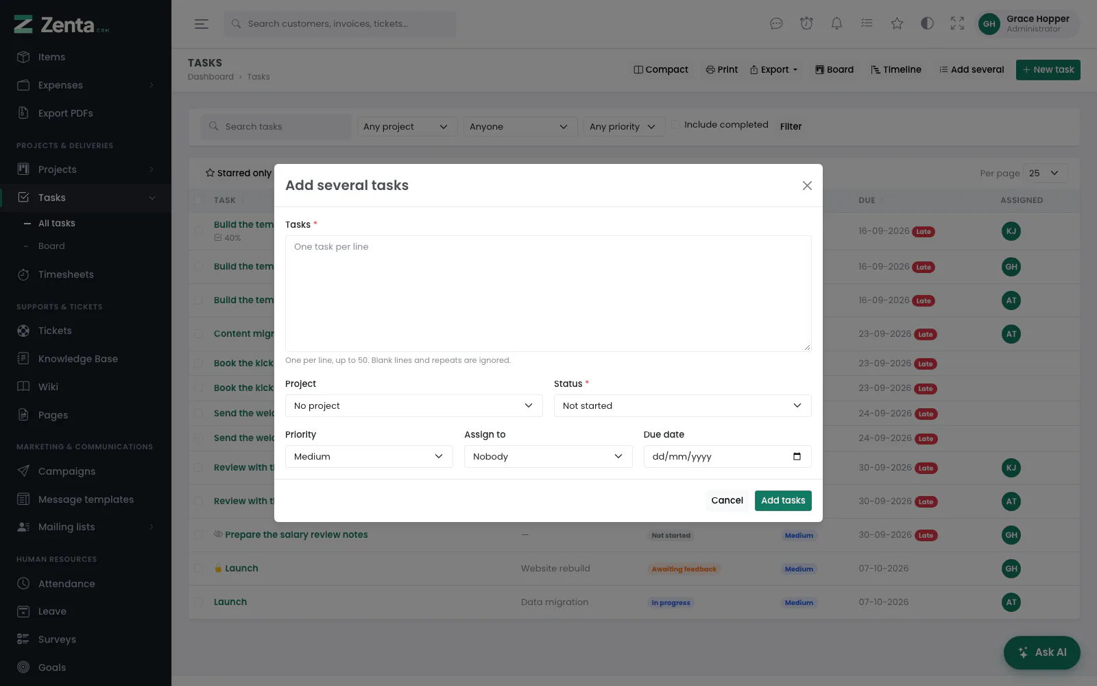 Add several tasks: one per line, with the project, status, priority, assignee and due date they share.