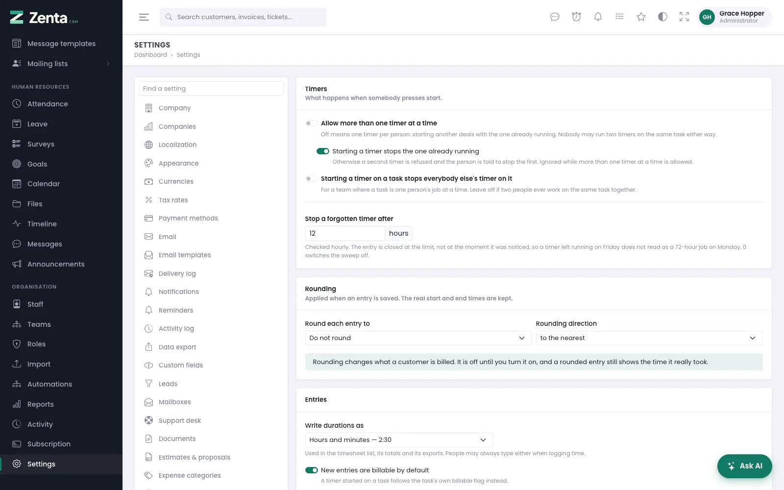 Settings → Time tracking: timers, rounding and how durations are written.