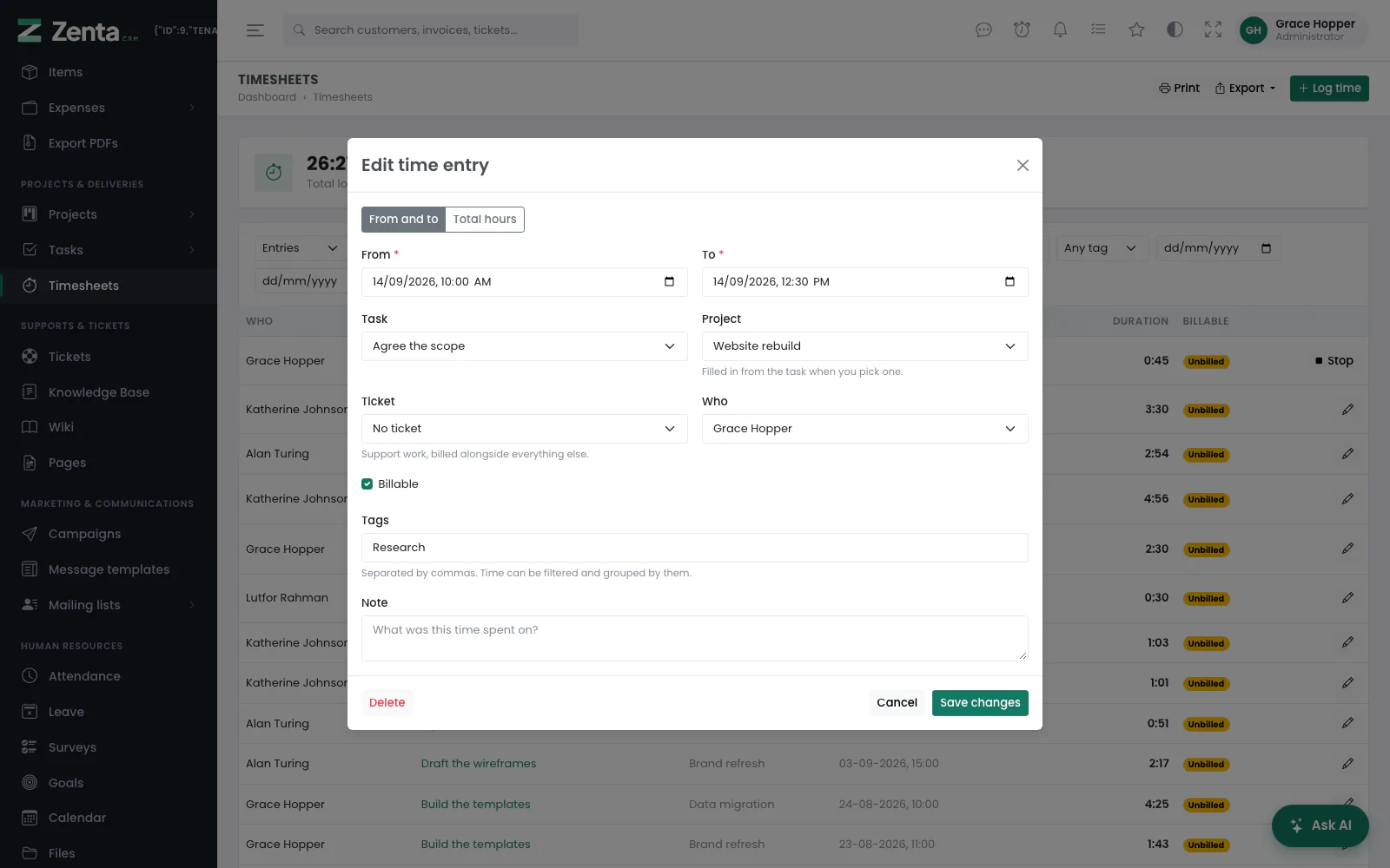 Edit time entry: the same fields, with Delete at the bottom left while the time has not been invoiced.