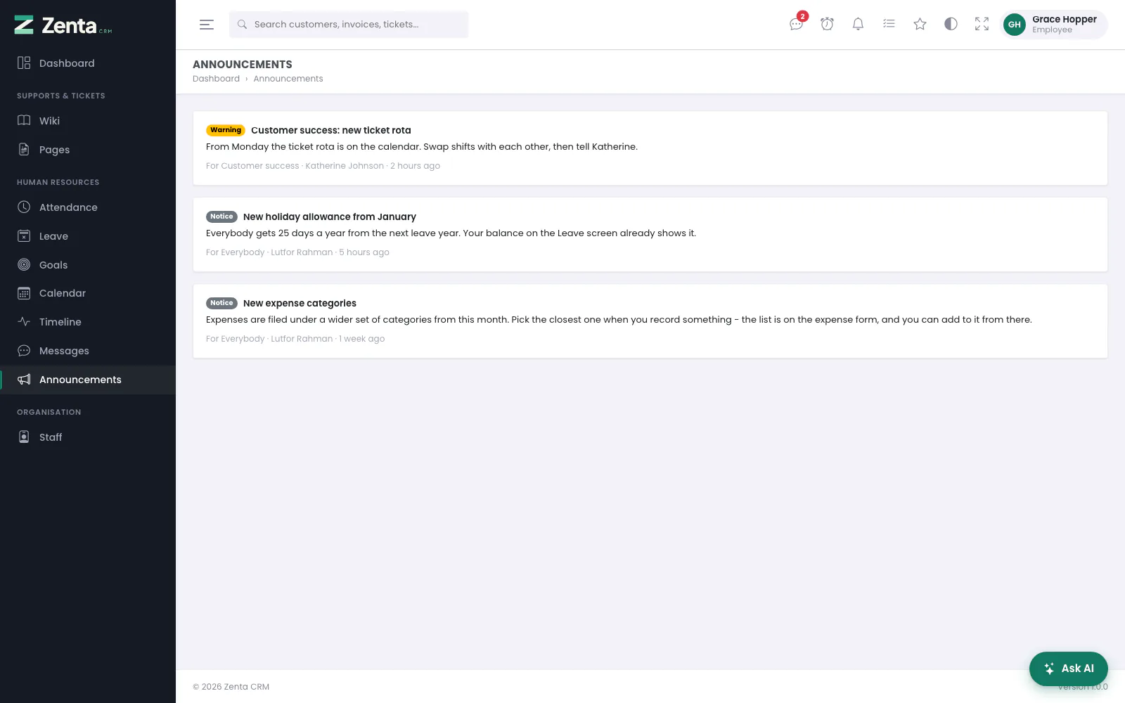Announcements for an Employee: the notices addressed to them, one to everybody and one to their team. No Write an announcement button.