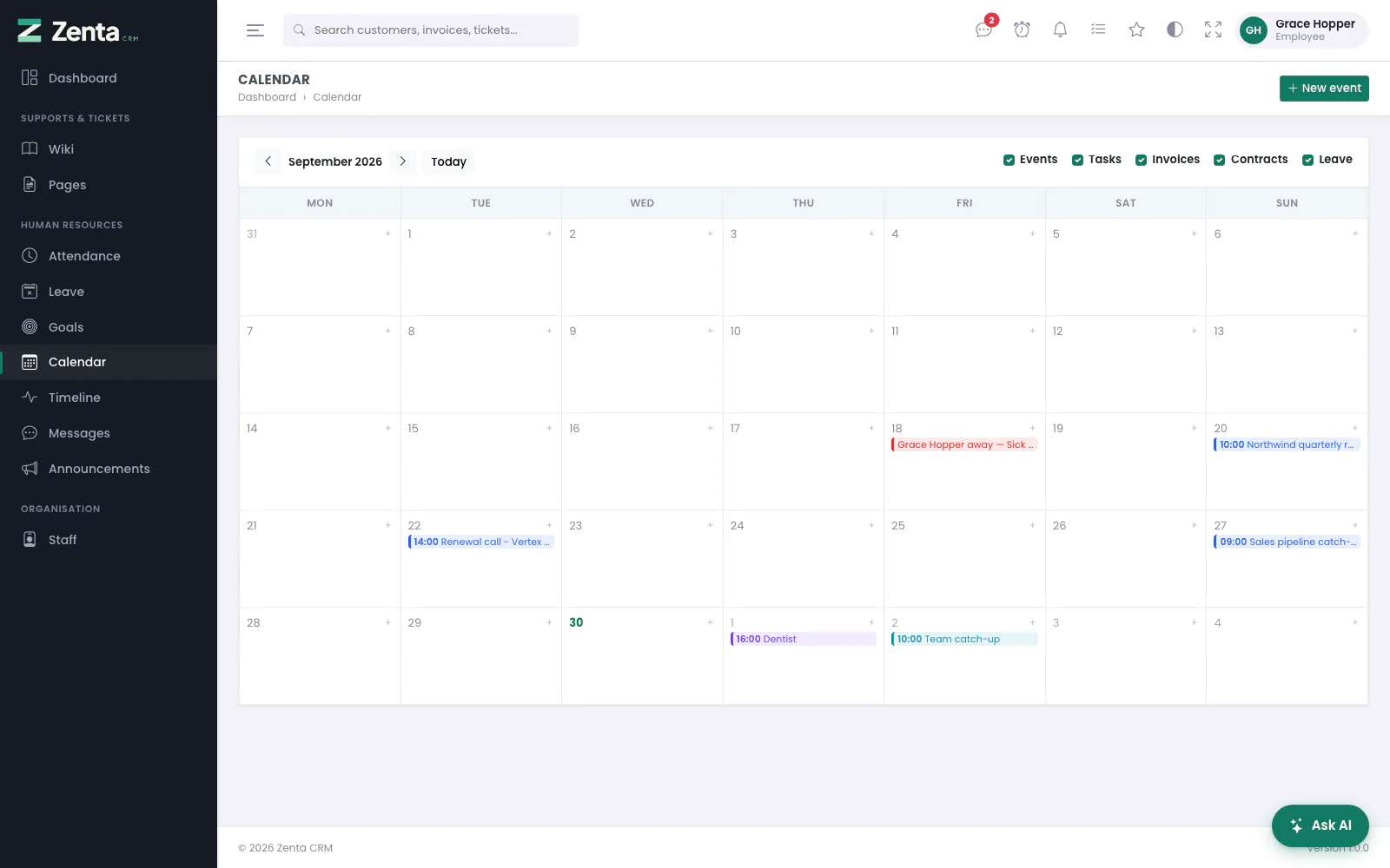 The calendar for an Employee: their own events, events shared with them, and their own leave.