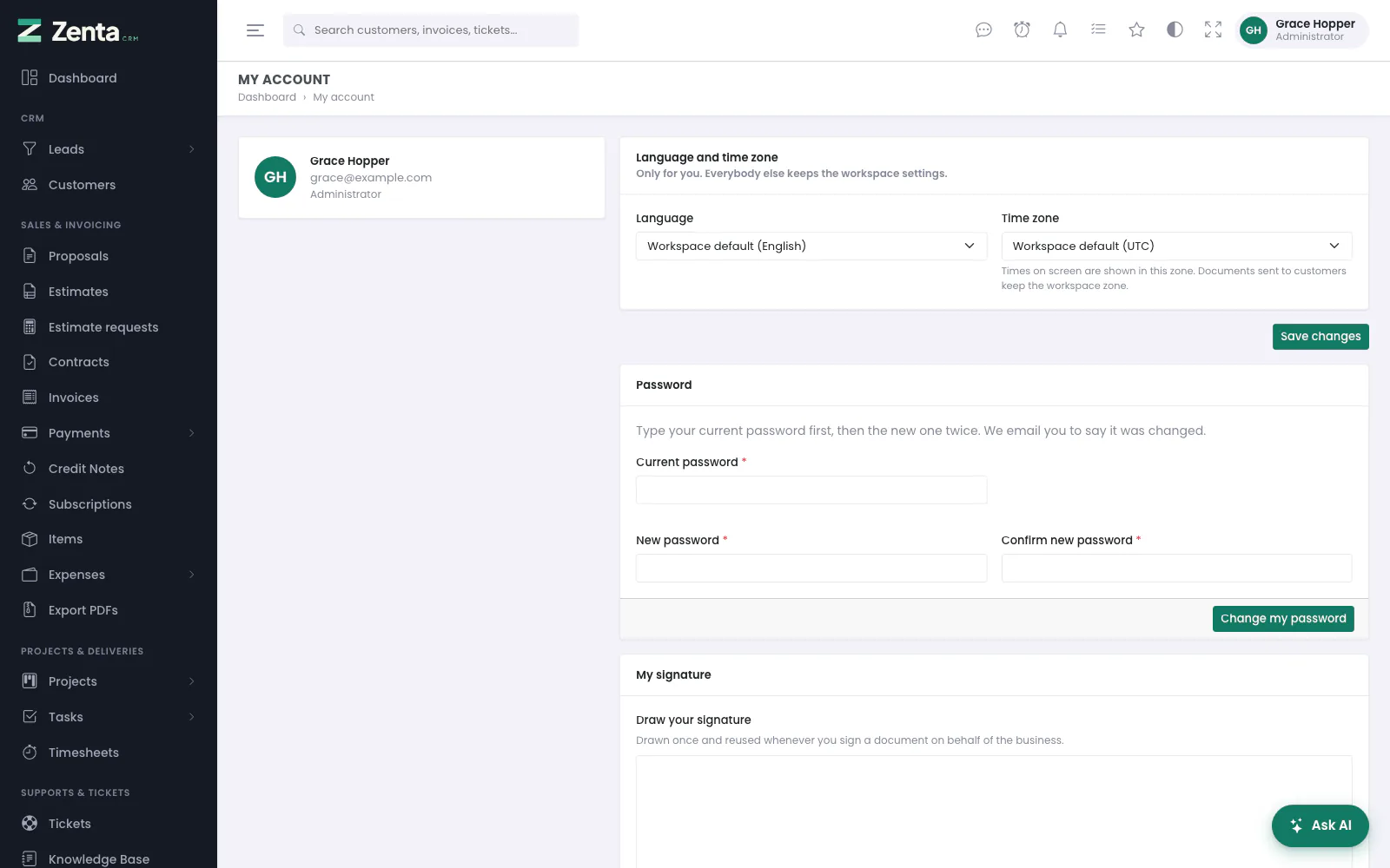 My account: your language and time zone, then Password, your signature, and your recent sign-ins.