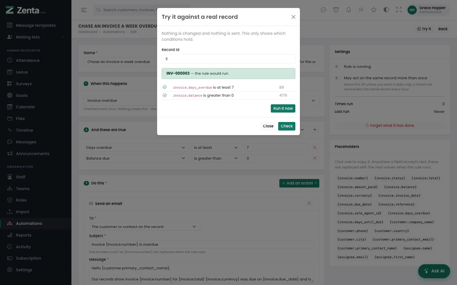 Try it on an invoice that passes: every condition ticked, and Run it now under the answer.