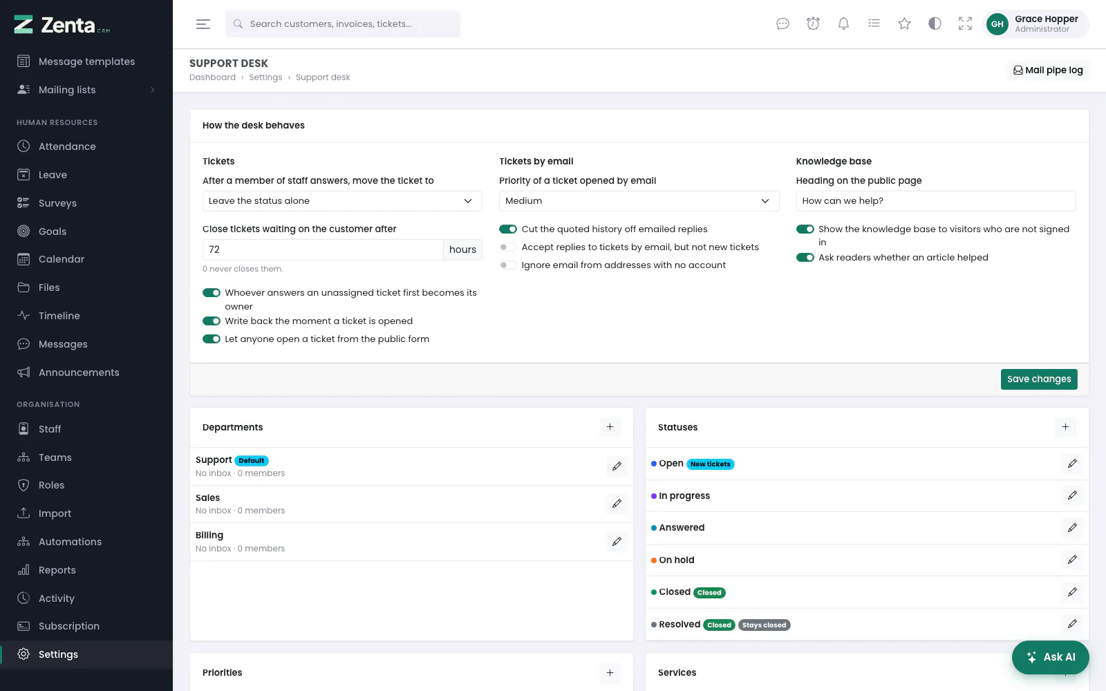 How the desk behaves: tickets, tickets by email, and the knowledge base, with one Save changes.