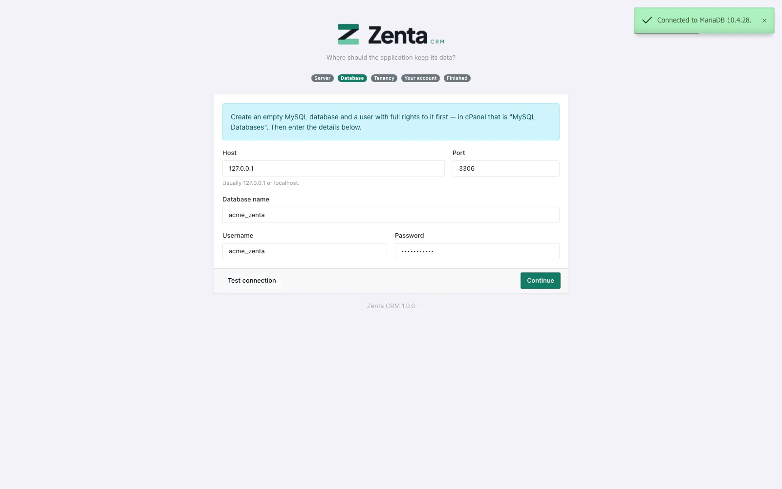 The database step, after Test connection has reached the server.