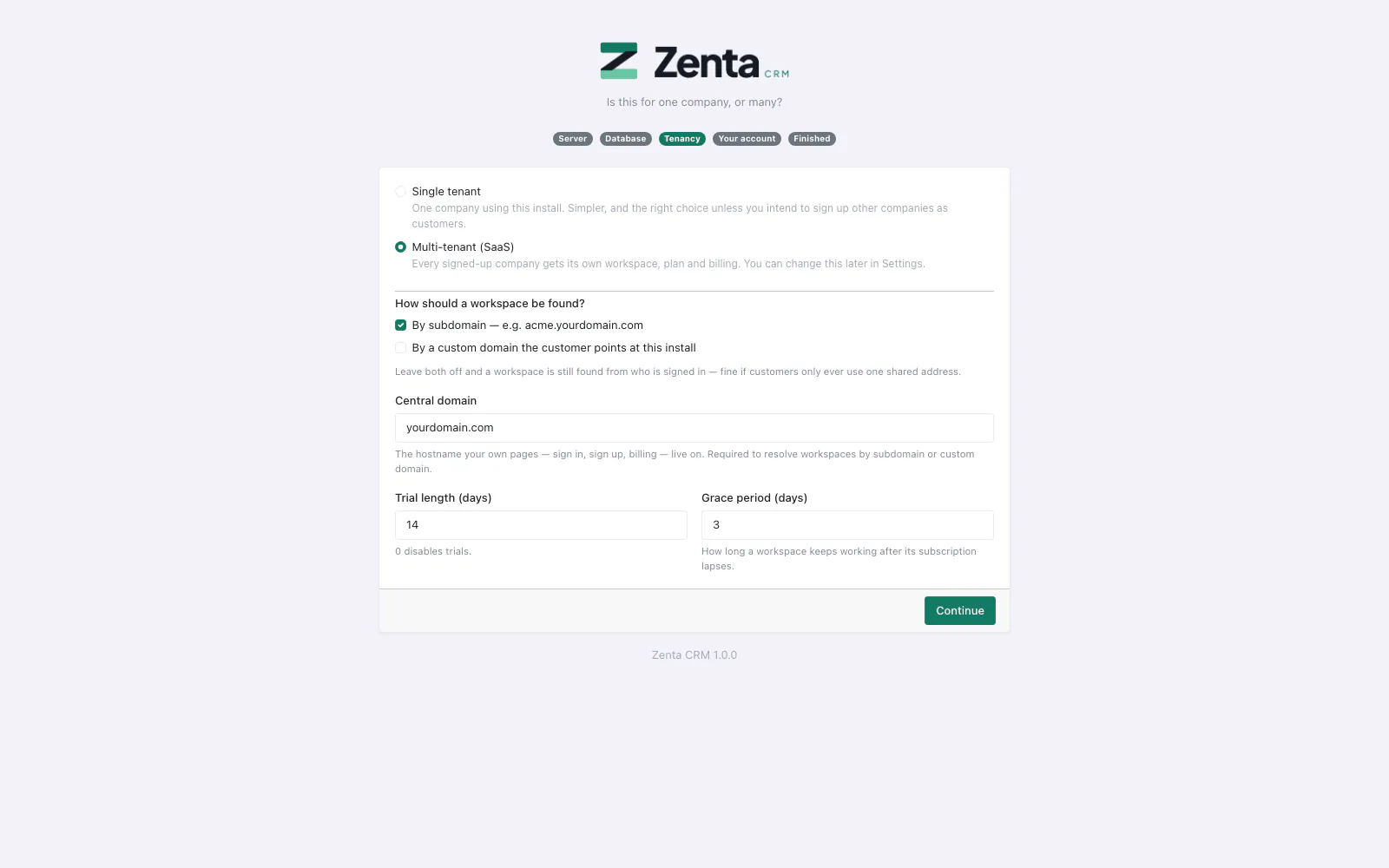 The tenancy step, with Multi-tenant (SaaS) chosen and workspaces found by subdomain.