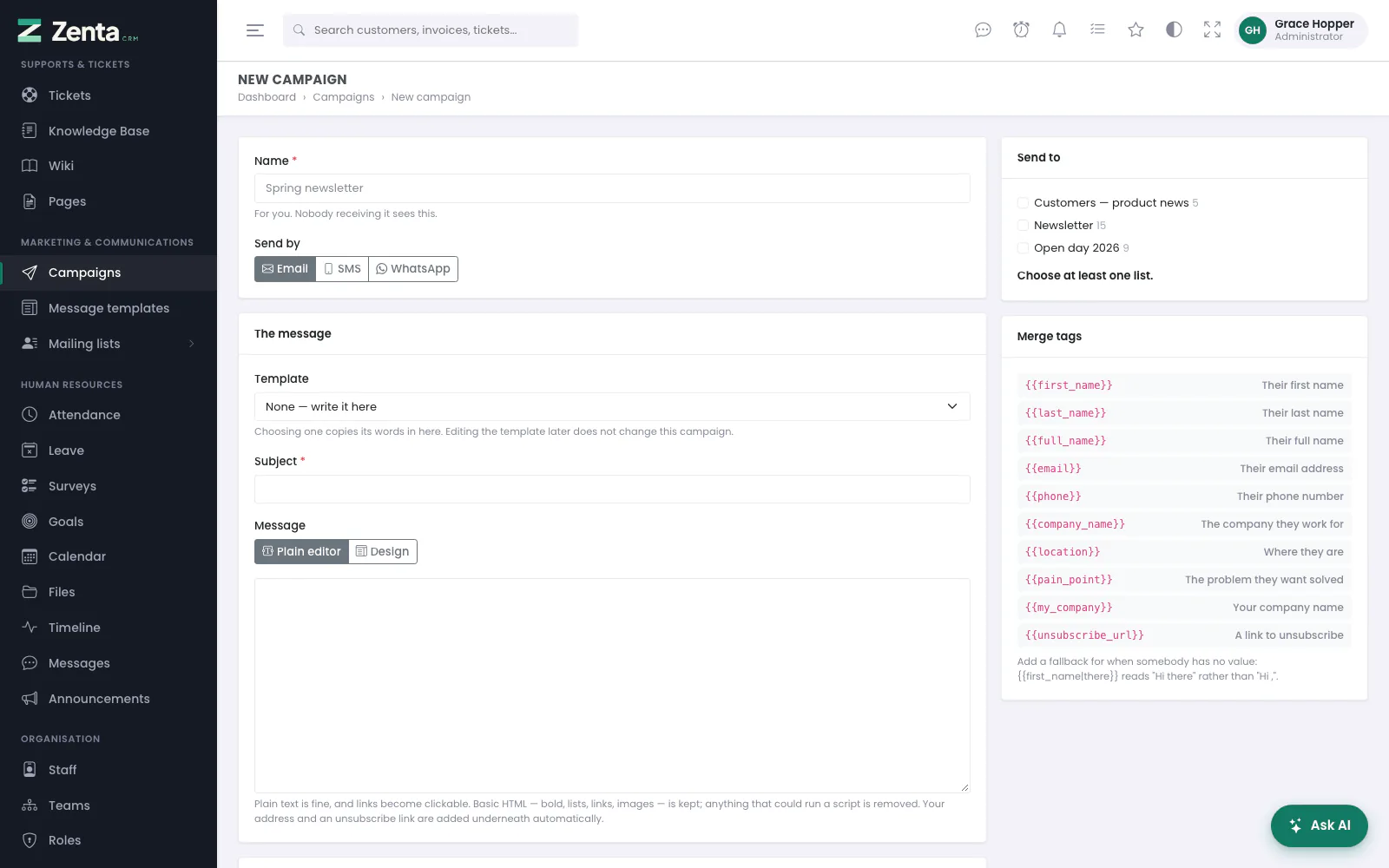 A new email campaign: the message on the left, who it goes to and the merge tags on the right.