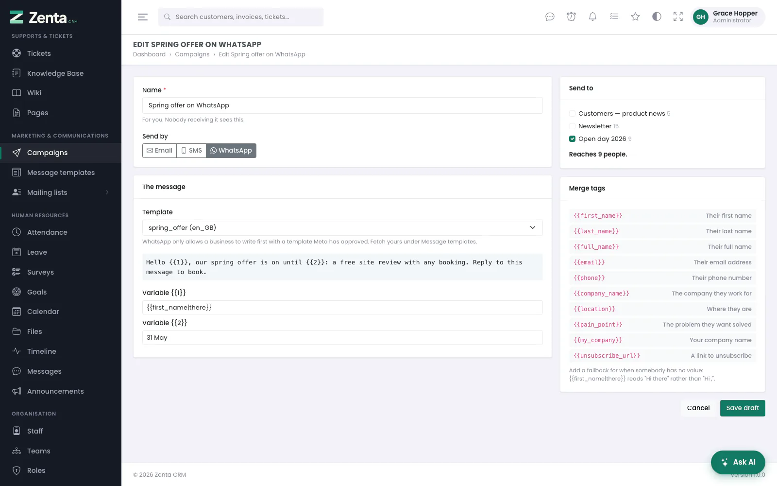 A WhatsApp campaign: the approved template, and a merge tag or fixed text for each of its variables.
