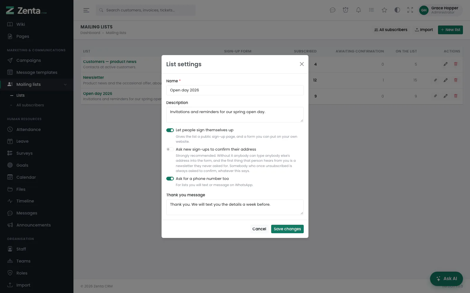 List settings: a list with its sign-up form open, collecting phone numbers.