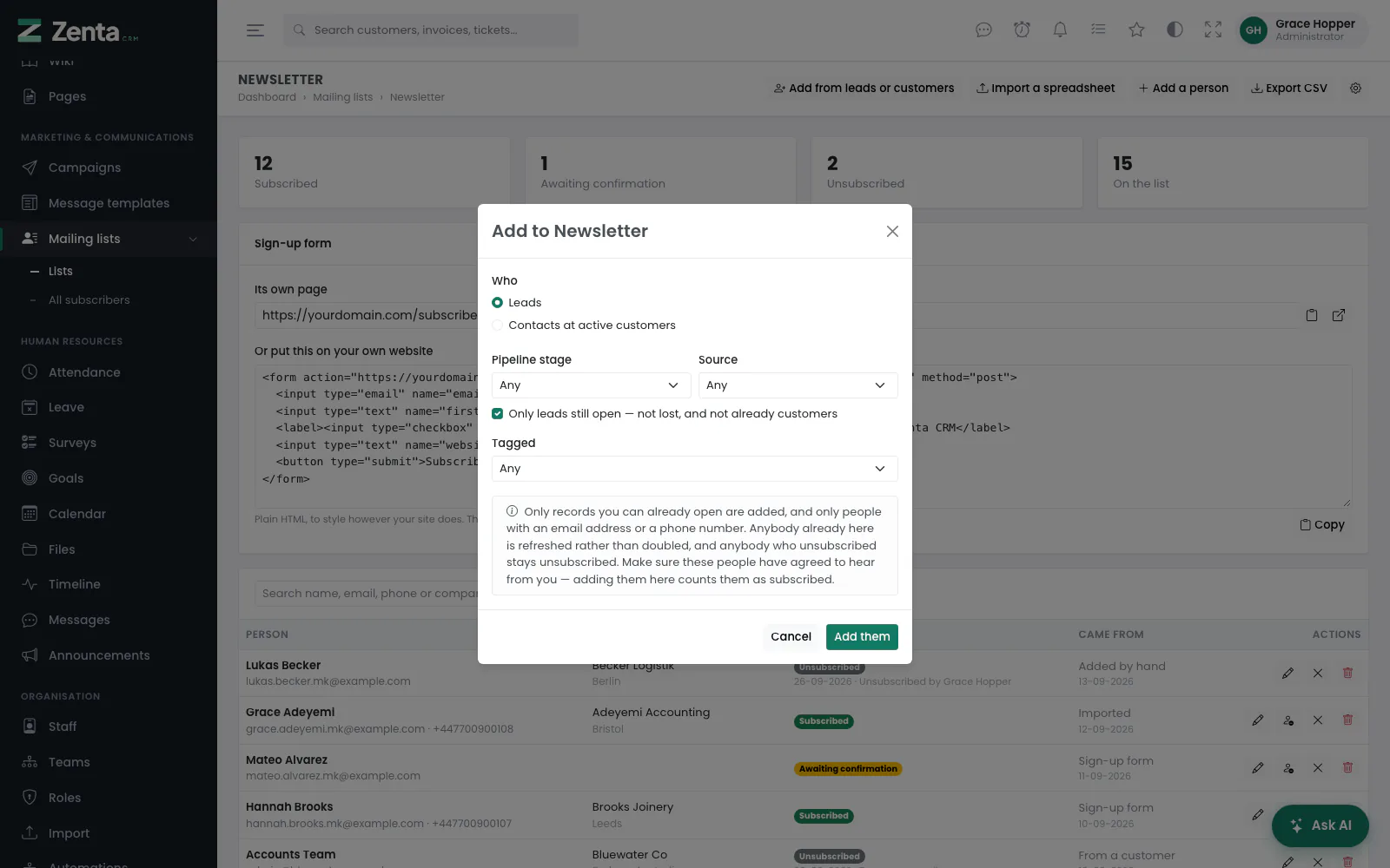 Adding open leads to a list, by pipeline stage, source and tag.