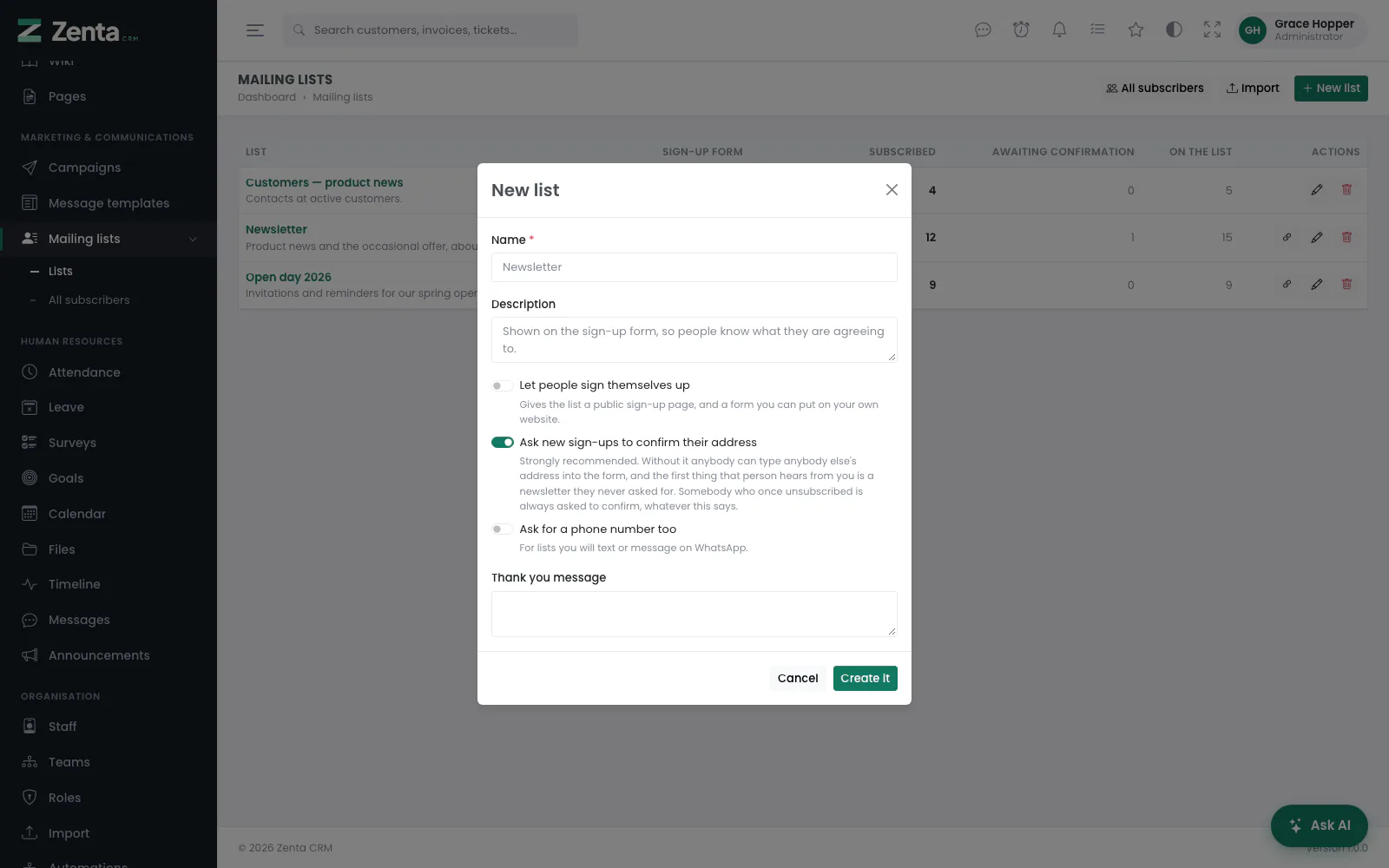 A new list. Asking sign-ups to confirm is on from the start.