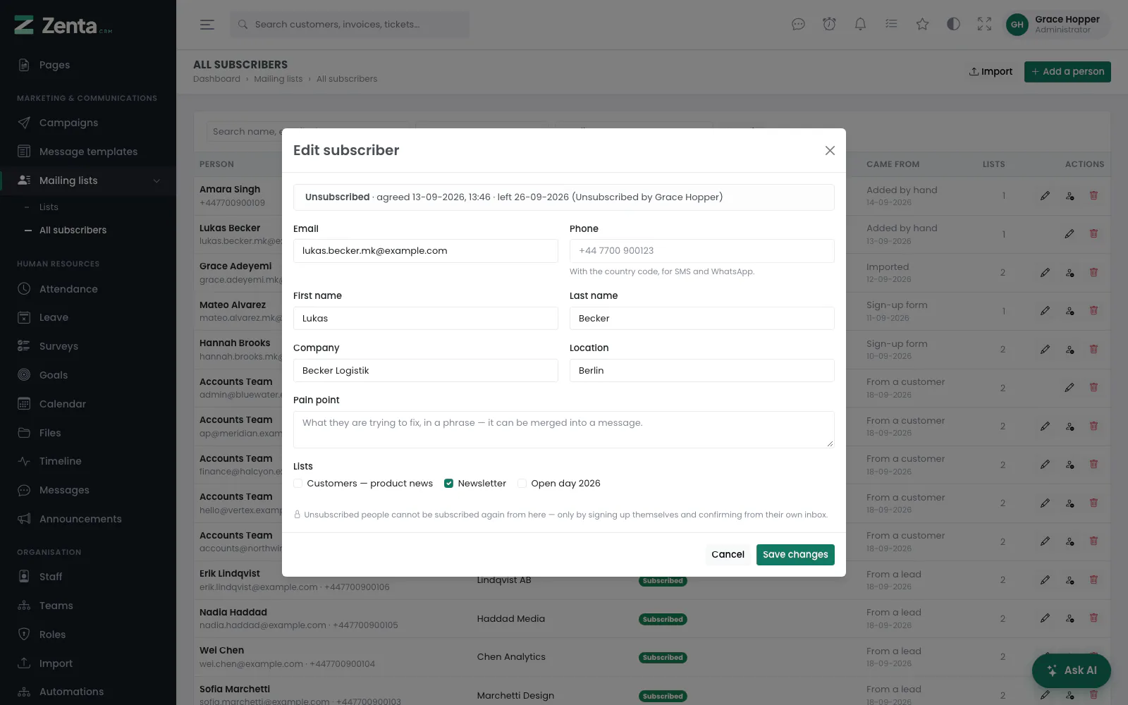 Editing somebody who left: the consent record at the top, and no way to subscribe them again.