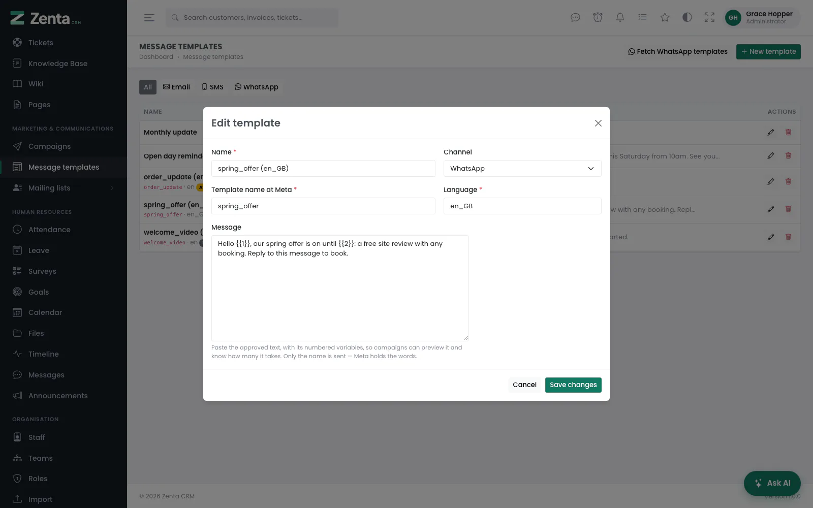 A WhatsApp template: the name and language at Meta, and the approved text with its numbered variables.