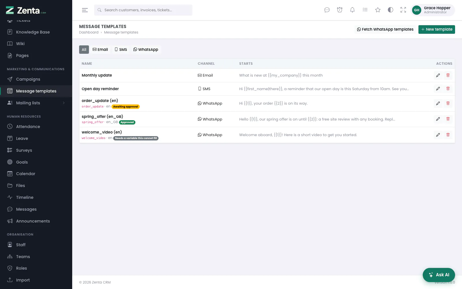 Message templates on every channel, with the state of each WhatsApp template at Meta.