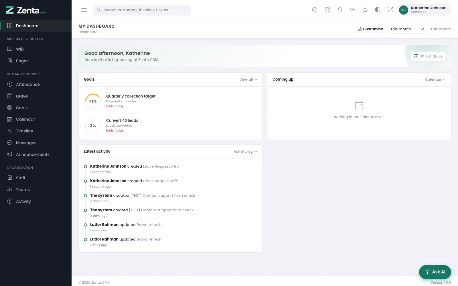 A manager's panel: the Human Resources screens, the wiki, and under Organisation the staff list, teams and the activity log, with the Latest activity panel on the dashboard. Nothing about customers or money.