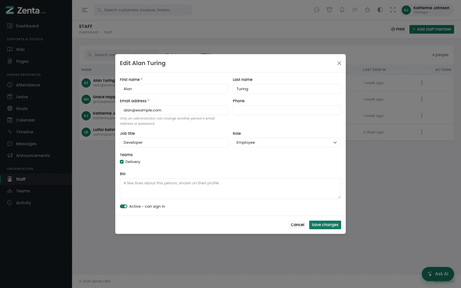 Edit dialog as a manager sees it: the email address read-only, no password boxes, the Role list and the Teams boxes, and no link to override this person's permissions.
