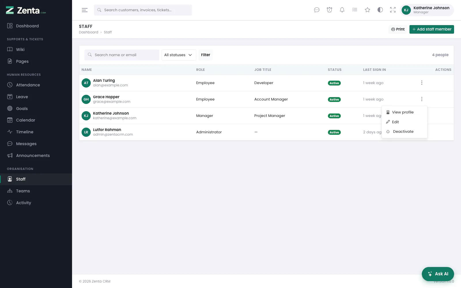 Organisation, Staff for a manager: every member of staff, Add staff member, and a row menu with View profile, Edit and Deactivate only.