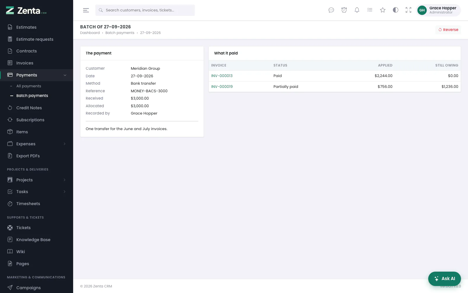 One batch: the payment, and what it paid.