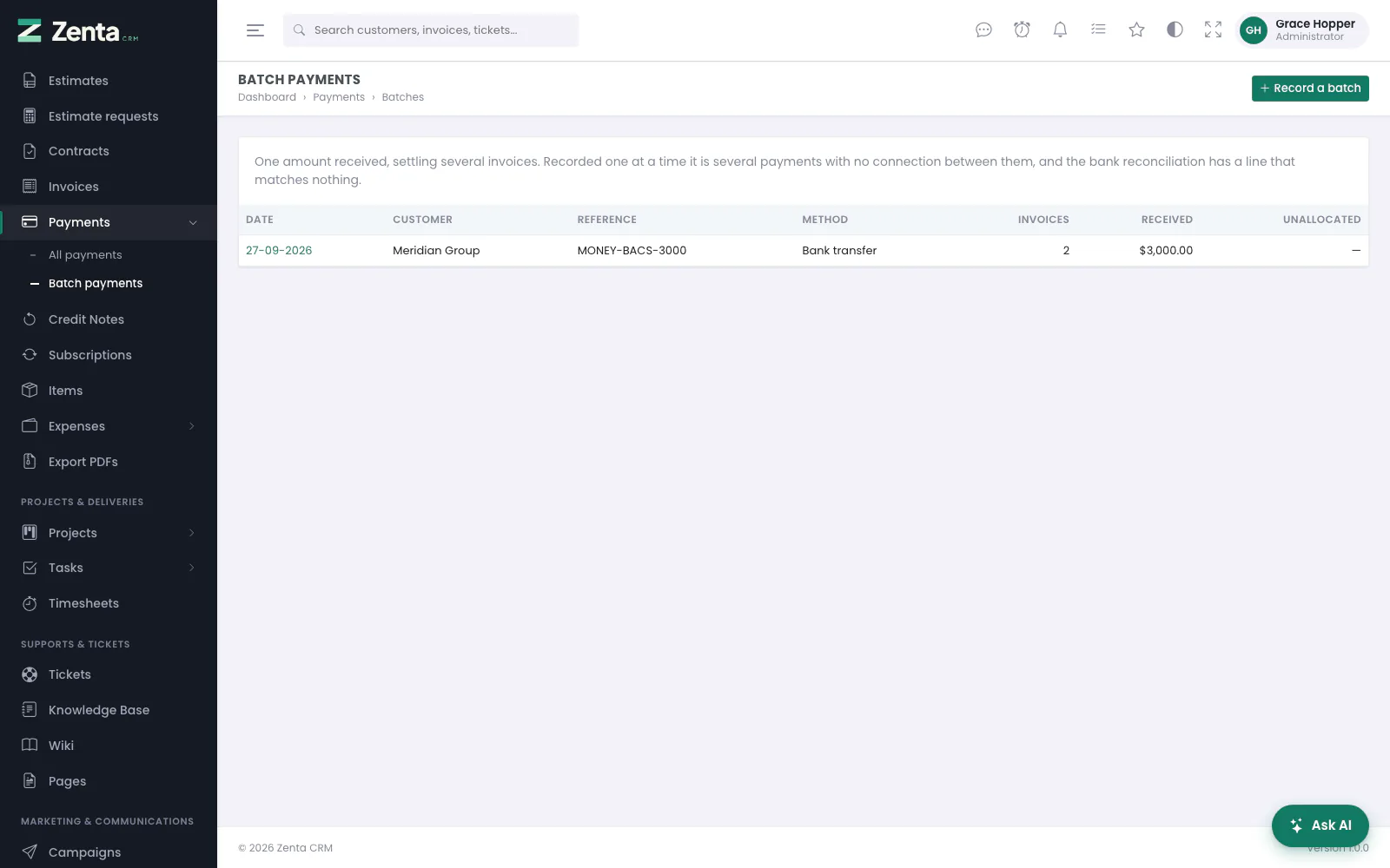 Batch payments: one amount received, settling several invoices.