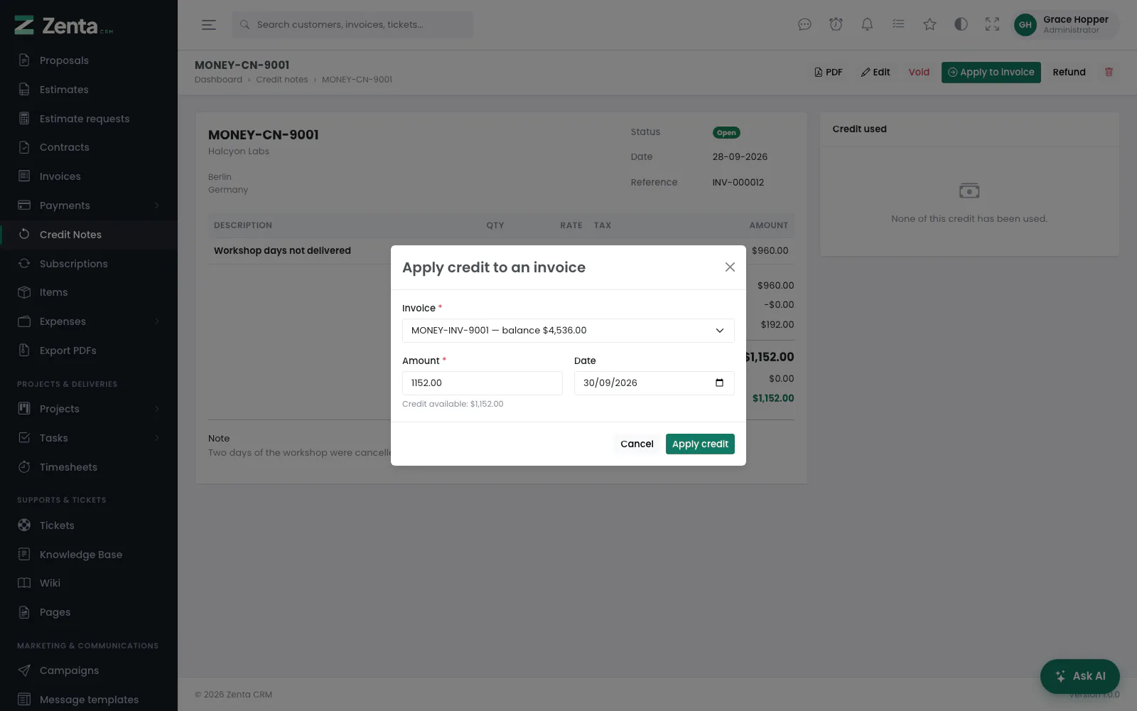 Apply credit: which of the customer's unpaid invoices, and how much.