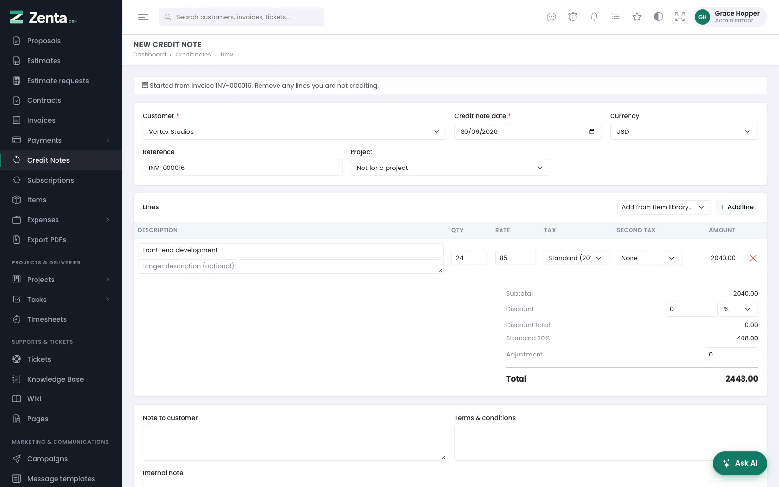 A credit note started from an invoice: its customer, currency and lines, ready to trim.