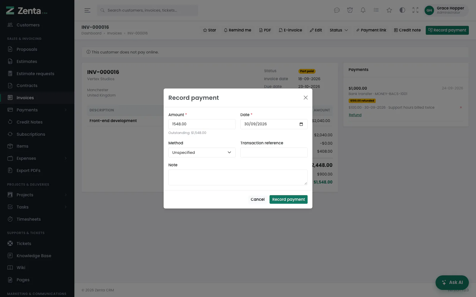 Record payment: what arrived, when, and how.