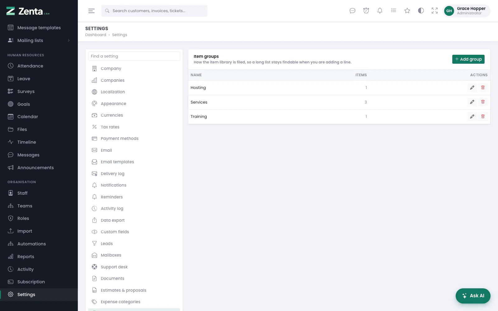 Settings, Item groups: how the library is filed.