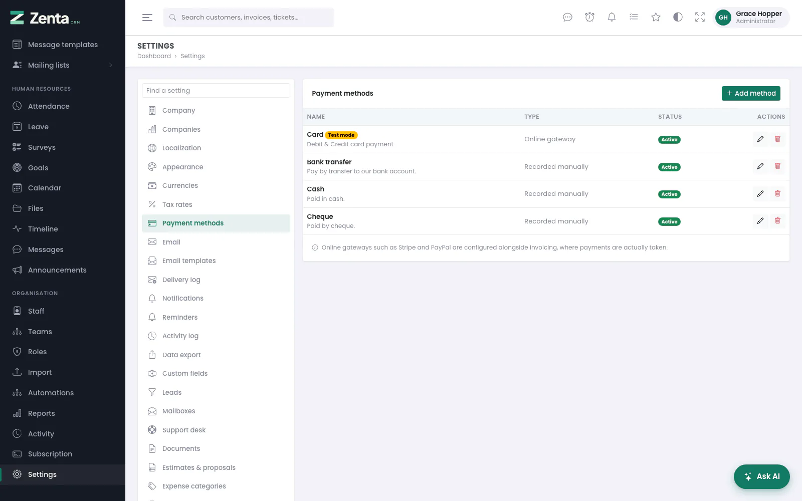 Settings, Payment methods: the ways a customer can pay you.