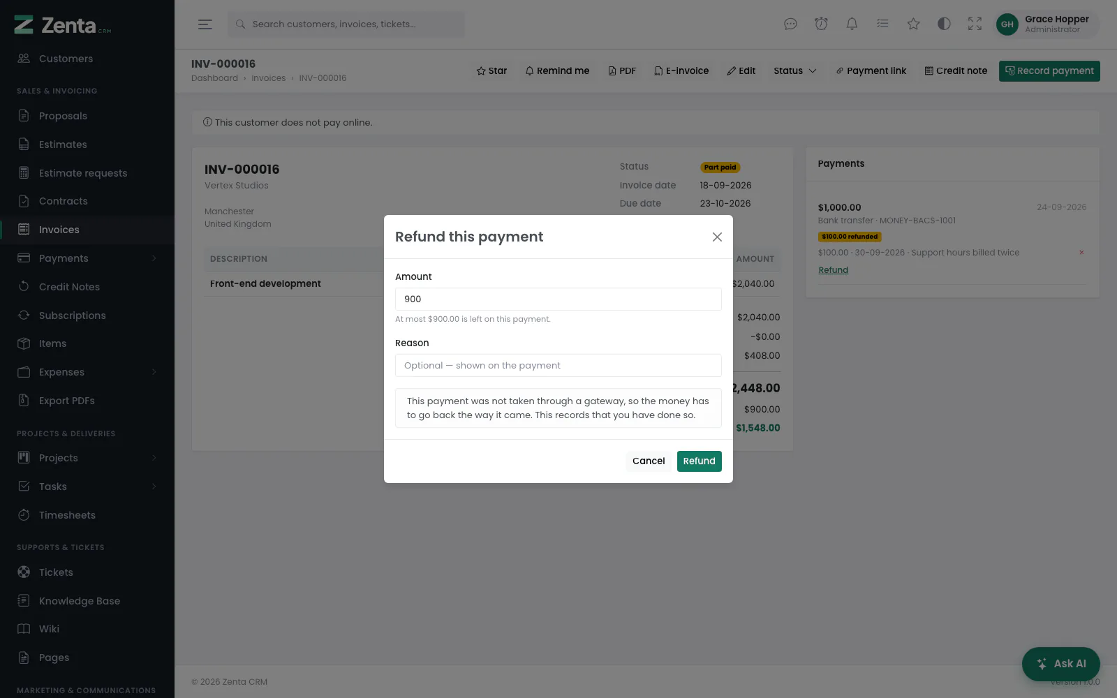 Refund this payment: how much, why, and whether it goes back through the gateway.