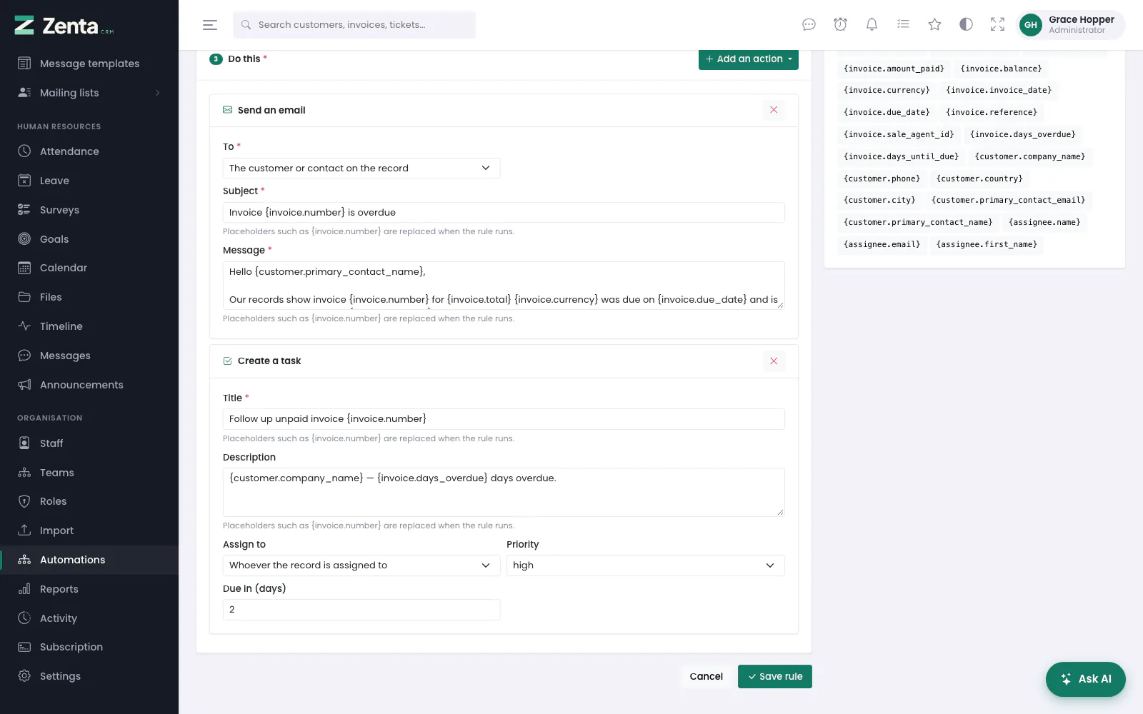 Two actions on the overdue-invoice rule: an email to the customer and a task for whoever the invoice is assigned to.