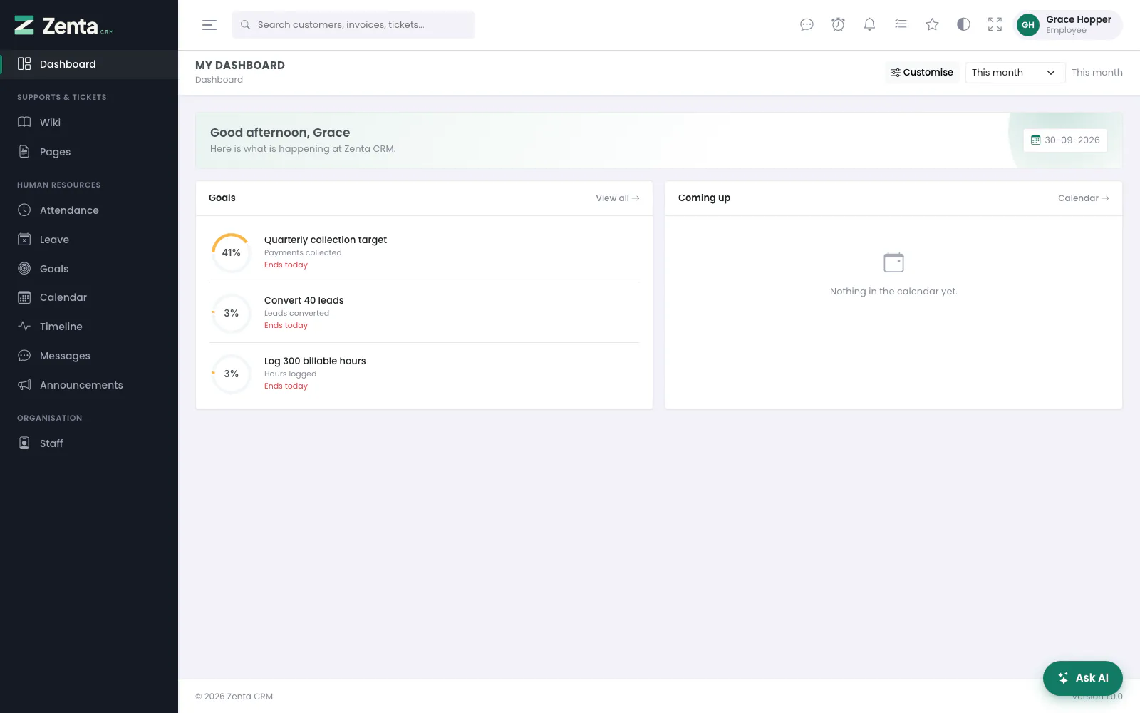 The dashboard of somebody on the Employee role: only panels for what the role can read.